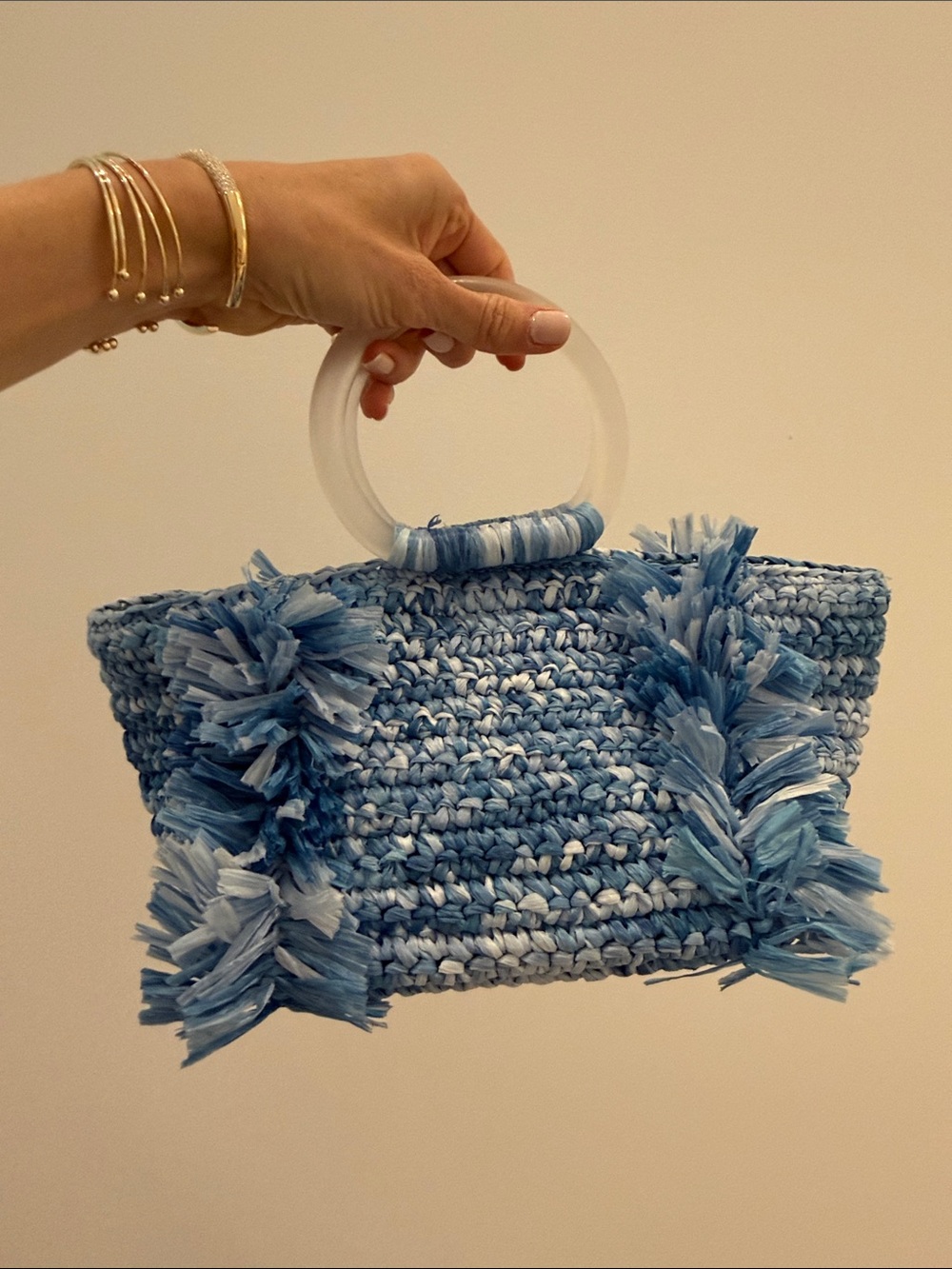 Carolina Santo Domingo Blue Raffia Mini Top-Handle Bag with Clear Ring Handle